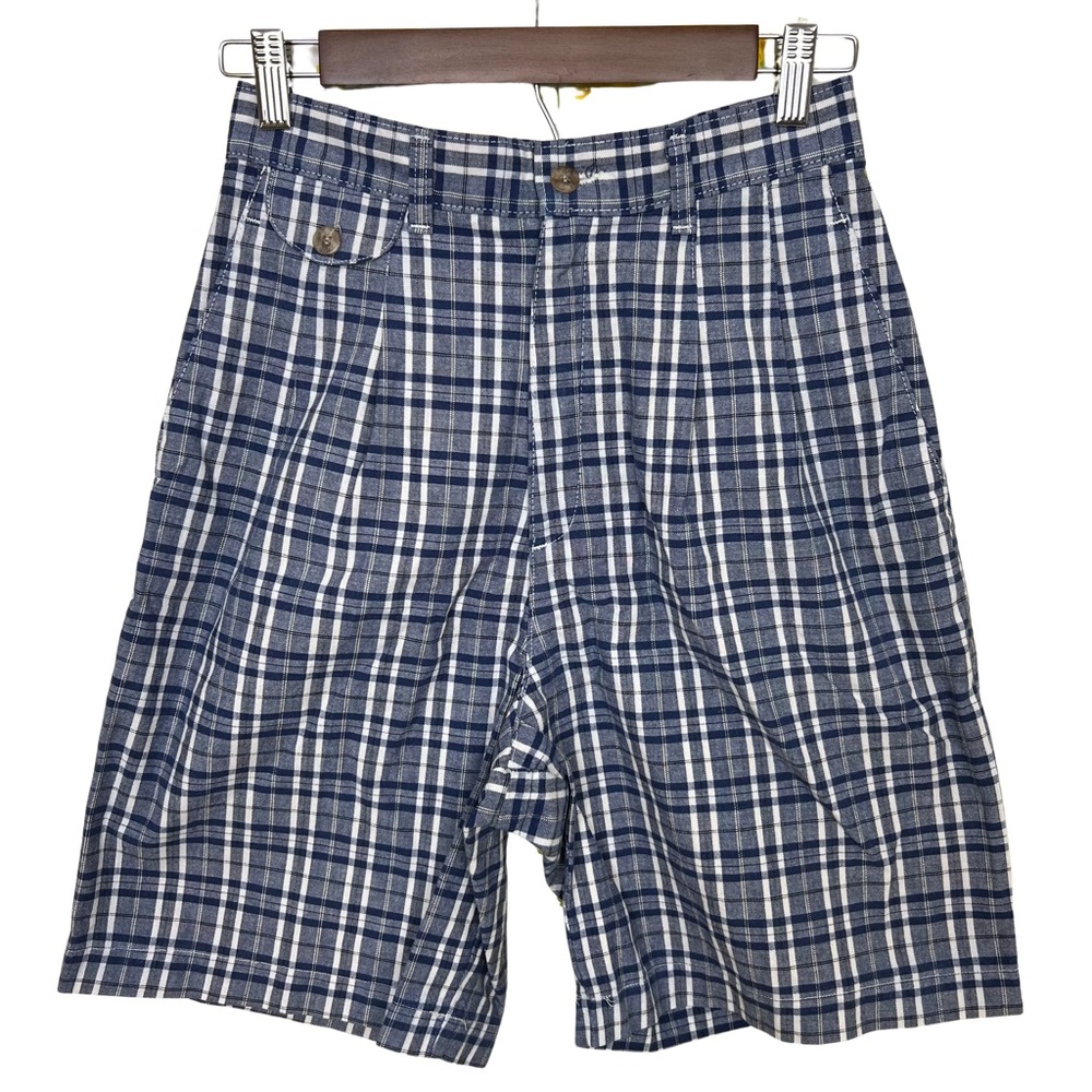 Vintage Lee 90s Blue & White Plaid High Rise Pleated Cotton Shorts Size 26